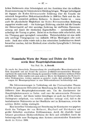 Numerische Werte der Masse und Dichte der Erde sowie ihrer Hauptträgheitsmomente