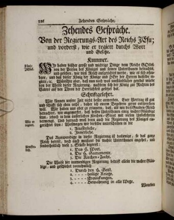 Zehendes Gespräche. Von der Regierungs-Art des Reichs Jesu; und vorderst, wie er regiert durchs Wort und Gesetzte.