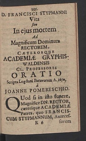 Vita sive in ejus mortem ad magnificum dominum rectorem