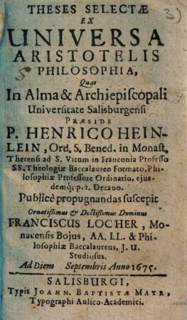 Theses selectae ex universa Aristotelis philosophia