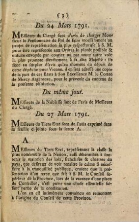 Résolutions prises par les trois Ordres des États de Hainau, ensuite de la Dépêche de Son Excellence M. le Comte Mercy-Argenteau, du 22 Mars 1791, concernant le Conseil Souverain de ce Pays