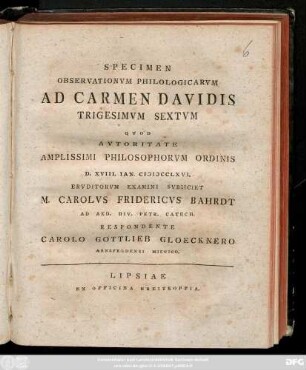 Specimen Observationvm Philologicarvm Ad Carmen Davidis Trigesimvm Sextvm