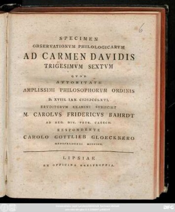 Specimen Observationvm Philologicarvm Ad Carmen Davidis Trigesimvm Sextvm
