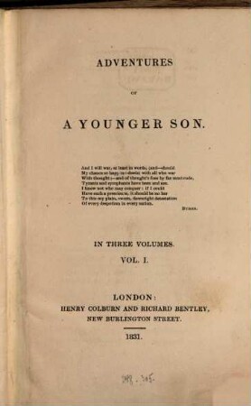 Adventures of a Younger Son. 1. (1831). - 333 S.