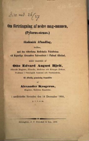 Om förträngning af nedre mag-munnen, (Pylorus-stenos.) : Akad. Afh.