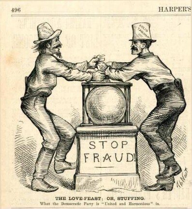 The love-feast; or, stuffing. What the Democratic Party is "United and Harmonious" in : ein Südstaater und ein Mitglied der Tammany Hall fälschen ein Wahlergebnis, indem sie mehrere Stimmzettel in eine Wahlurne stecken