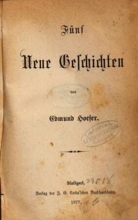 Fünf neue Geschichten von Edmund Hoefer
