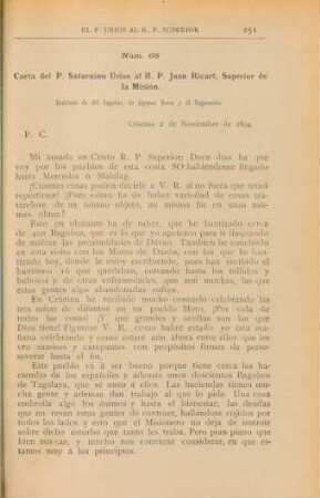 Núm. 68. Carta del P. Saturnino Úrios al R. P. Juan Ricart, Superior de la Misión