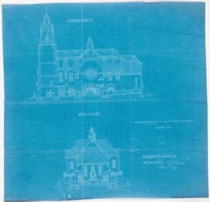 Kirche und Pfarrhaus, Miechowitz: Längs- und Querschnitt 1:200