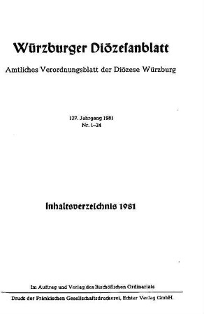 Würzburger Diözesanblatt : amtliches Verordnungsblatt der Diözese Würzburg. 127. 1981