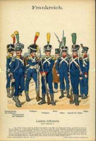 Uniformdarstellung, Sergeantmajore, Voltigeure, Jäger und Korporal der Leichten Infanterie, Erstes Kaiserreich Frankreich, 1806/1812.