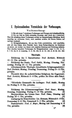 I. Systematisches Verzeichnis der Vorlesungen
