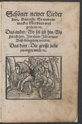 Schœner newer Lieder || drey. Das erste/ Es was ein || wacker Meydlein wol||gethan/ [et]c.|| Das ander/ Wo sol ich hin/ Wo || sol ich her. Jm thon/ Jch armer || Boß/ bin gantz verirrt.|| Das dritt/ Die grosse liebe || zwinget mich/ [et]c.||