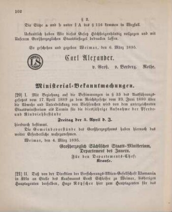 21. Ministerial-Bekanntmachung, betreffend Wechsel in der Hauptagentur der Versicherungs-Aktien-Gesellschaft Rhenania in Köln