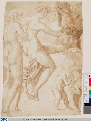 Venus auf dem Ruhebett sitzend, hinter ihr eine stehende nackte Frau, vor ihr Mars, rechts zwei Knaben mit Helm und Schild