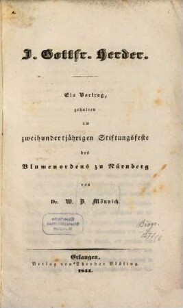 J. Gottfr. Herder : Ein Vortrag