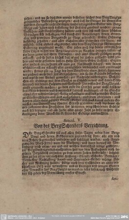 Articul V. Von des BergSchreibers Verrichtung.