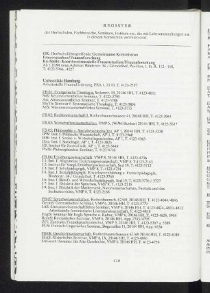Register der Hochschulen, Fachbereiche, Seminare, Institute ...