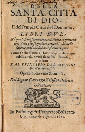 Della santa citta di Dio ... libri due