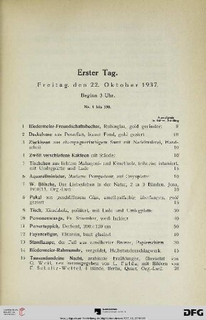 Erster Tag: Freitag, den 22. Oktober 1937, Beginn 3 Uhr (Nr. 1-190)