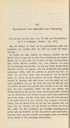 IV. Wangedrag van dienaren der compagnie. (Uit een brief van den Gouv. Gen. Pt. Both aan Bewindhebbers der O. I. Compagnie, Bantam 1 Jan. 1614)