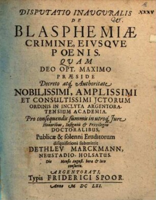 Disputatio Inauguralis De Blasphemiae Crimine, Eiusque Poenis
