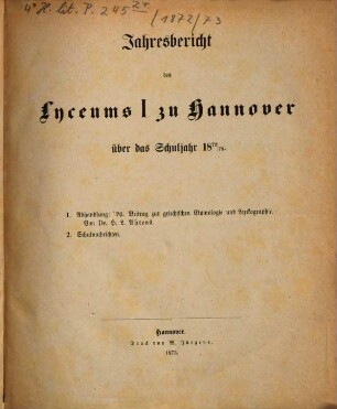 Jahresbericht des Lyceums 1 zu Hannover : über d. Schuljahr .., 1872/73