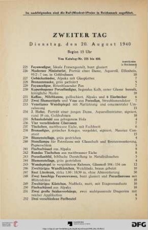 Zweiter Tag Dienstag, den 20. August 1940, Beginn 15 Uhr (Nr. 225-450)