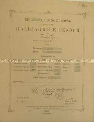 Schulzeugnis der Realschule I. O. Leipzig für Ernst Heinrich Degen, Klasse Va; Ostern 1882