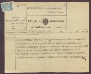 Telegramm von van Rossum, Jusitzrat in Boppard, an Constantin Fehrenbach, Einberufung des Reichstages