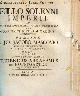 Exercitatio Juris Publici De Bello Solenni Imperii : Ad Illustrationem Art. IV. Capitul. Carolinae