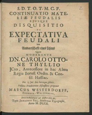 Continuatio Materiæ Feudalis Eiusque Disquisitio De Expectativa Feudali