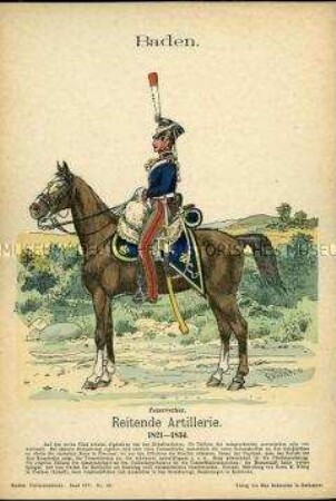 Uniformdarstellung, Feuerwerker der Reitenden Artillerie, Großherzogtum Baden, 1821/1834.