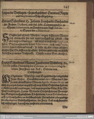 Folgen die Beylagen, so zu obgesetzter Fuental Replic und Imploration Schrifft gehörig