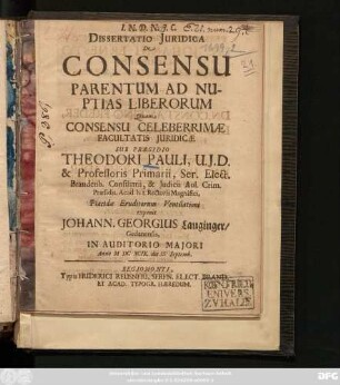 Dissertatio Iuridica De Consensu Parentum Ad Nuptias Liberorum