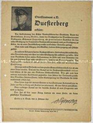 Flugblatt des Stahlhelm, Bund der Frontsoldaten, mit einer Erklärung von Theodor Duesterberg zur Kandidatur für die Reichspräsidentenwahl 1932