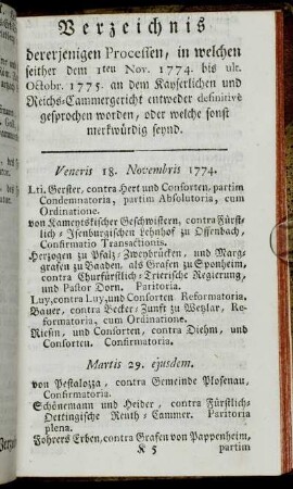 Verzeichnis dererjenigen Processen, in welchen seither... an dem Kayserlichen und Reichs-Cammergericht entweder defnitivè gesprochen worden, oder welche sonst merkwürdig seynd.