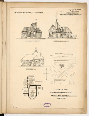 Verbesserung der Straßeninsel südlich der Potsdamer Brücke, Berlin Monatskonkurrenz Januar 1891: Lageplan 1:500, Grundriss, Aufriss 3 Straßenansichten 1:100; 2 Maßstabsleisten
