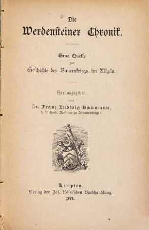 Die Werdensteiner Chronik : eine Quelle zur Geschichte des Bauernkriegs im Allgäu