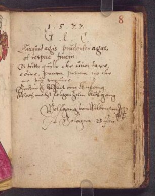 Wolfgang vom Wildenstein, Bologna, 1577-01-23: Initialen, Sentenz (lat.), Sentenz (ital.), Sentenz (dt.), Us.
