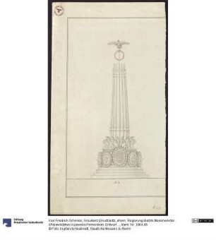 Graudenz (Grudziądz), ehem. Regierungsbezirk Marienwerder (Województwo Kujawsko-Pomorskie). Entwurf zum Denkmal für Wilhelm de Courbière als Tropaion mit Rundschilden und Helmen