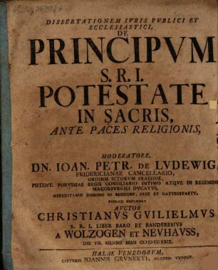 Dissertationem Ivris Pvblici Et Ecclesiastici, De Principvm S. R. I. Potestate In Sacris, Ante Paces Religionis