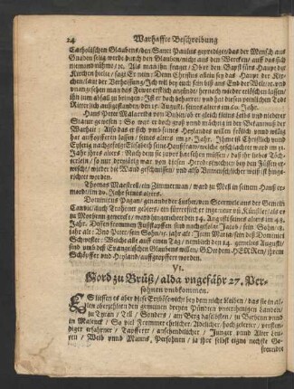 VI. Mord zu Brüß/ alda ungefähr 27. Persohnen umbkommen.