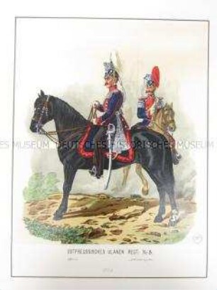 Uniformdarstellung, Offizier und Stabstrompeter des Ostpreußischen Ulanen-Regiments No. 8 zu Pferd, Preußen, 1864. Tafel 70 aus: Schindler: Militair-Album.