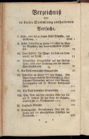 Verzeichniß der in dieser Sammlung enthaltenen Versuche.