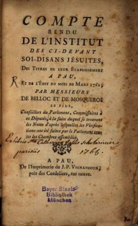 Compte rendu de l'institut des ci-devant soi-disans Jesuites