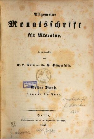 Allgemeine Monatsschrift für Wissenschaft und Literatur. 1850