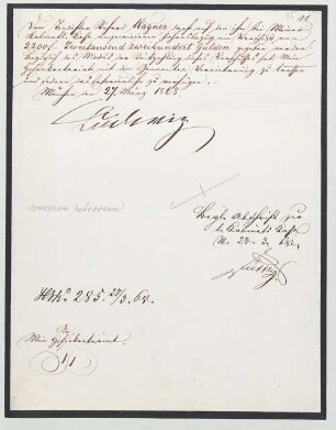 Ludwig II. von Bayern (1845 - 1886) Autographen: Brief von Ludwig II. an das Bayerische Hofsekretariat - BSB Autogr.Cim. Ludwig .95