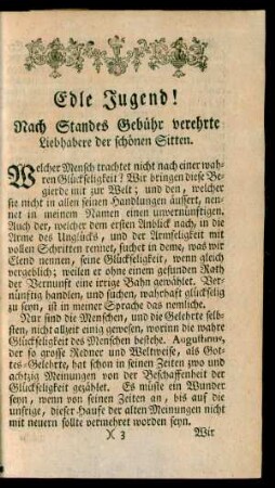 Edle Jugend! Nach Standes Gebühr verehrte Liebhabere der schönen Sitten