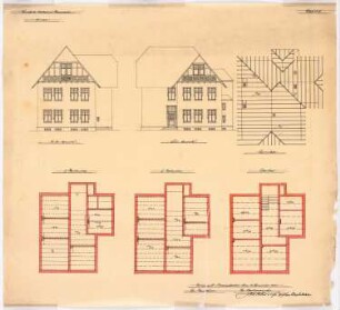 Pfarrhaus der Kirche, Brambauer: Vorder- und Seitenansicht, Sparren-, Träger- und Balkenlage 1:100